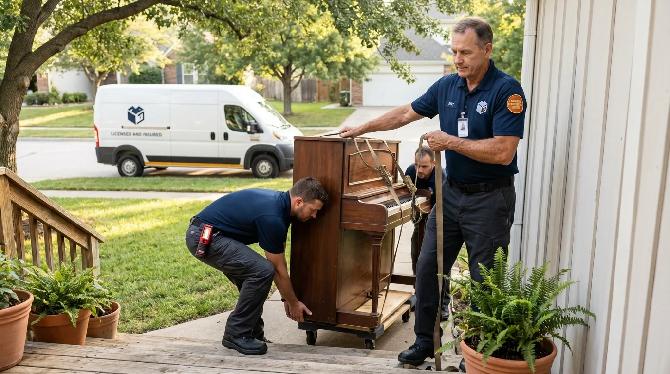 Licensed piano movers securing grand piano in Etowah, NC