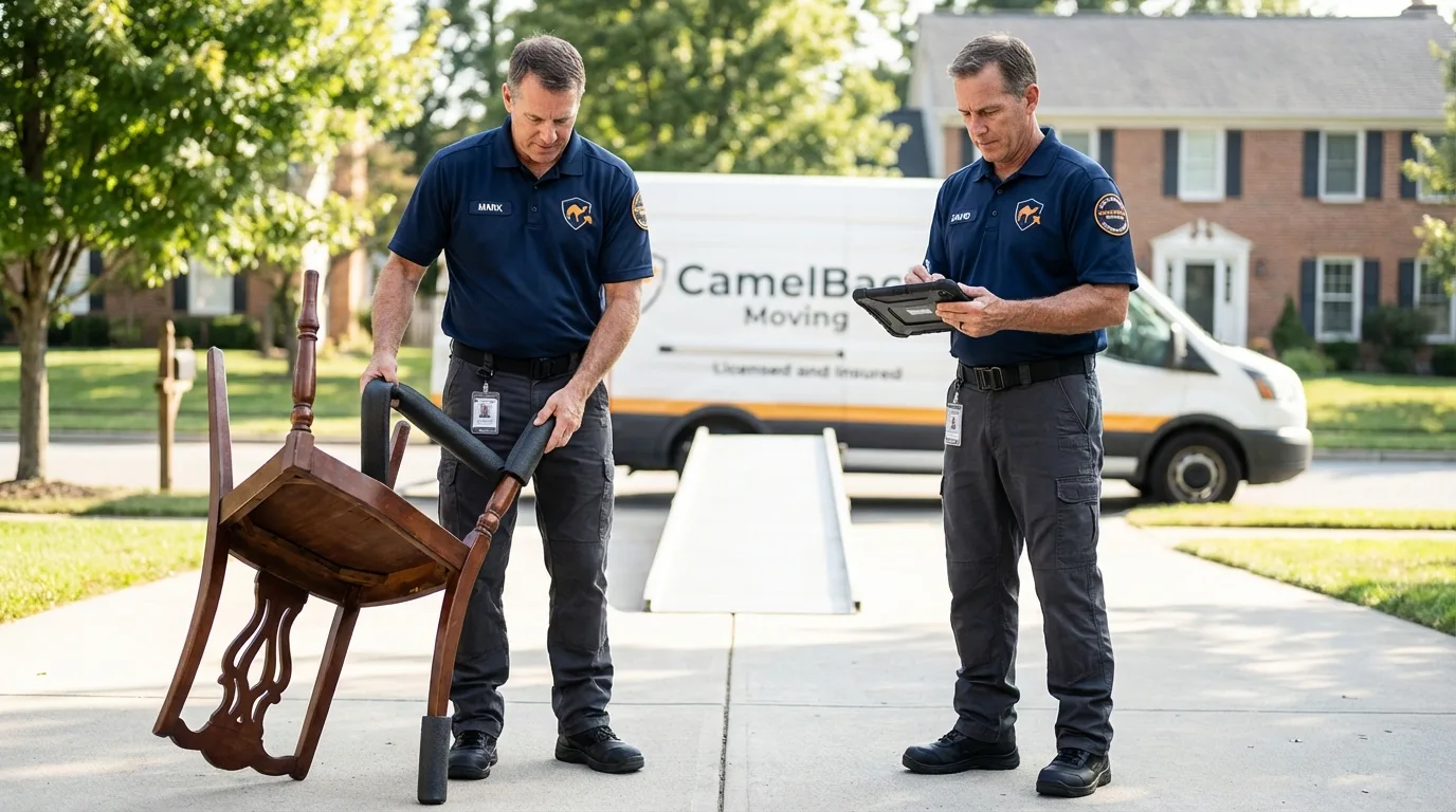 Movers inspecting furniture for damage prevention before loading in Etowah, NC