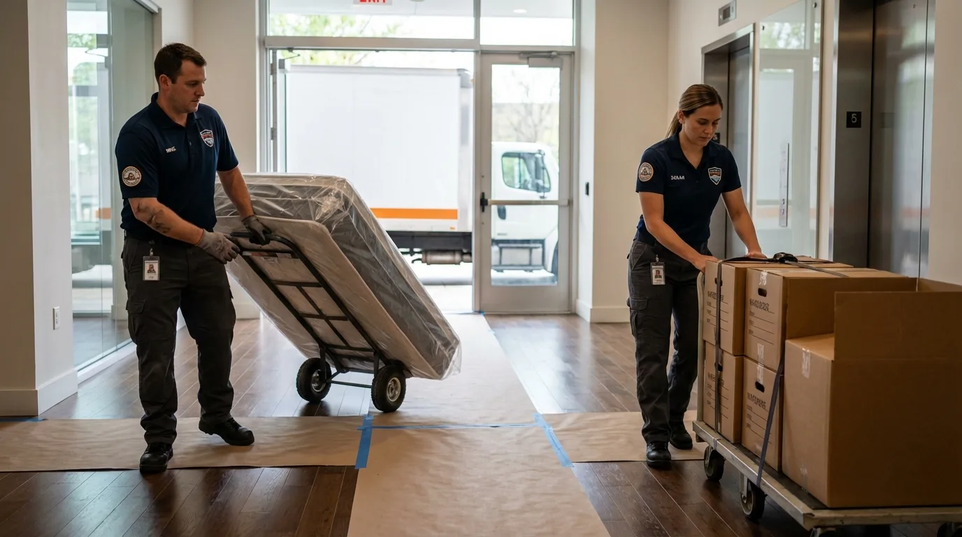 Professional apartment movers loading elevator in Etowah, NC